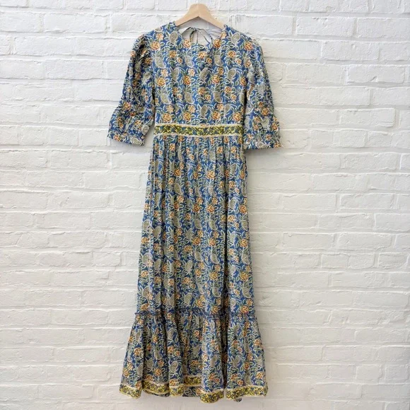 Madison Mathews || Perrin Maxi Dress Open Bsck Block Print Floral Tassels Blue S - Picture 2 of 12